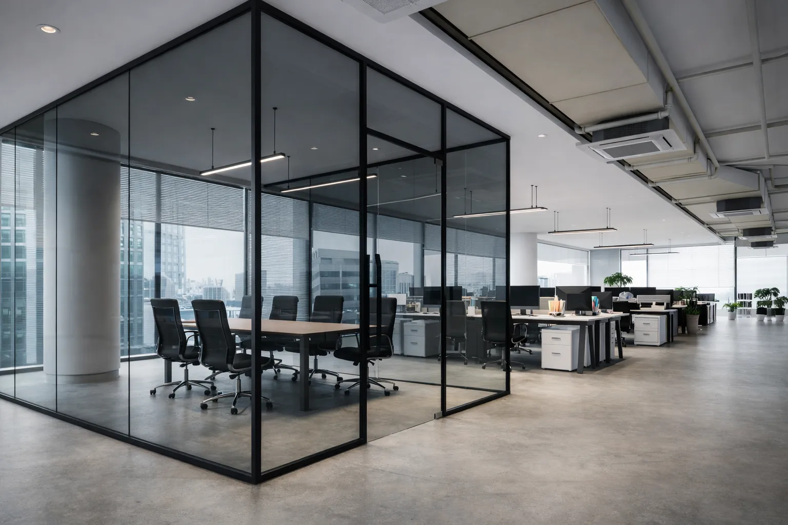 Oficina moderna con divisiones de vidrio y optimizacion de espacio