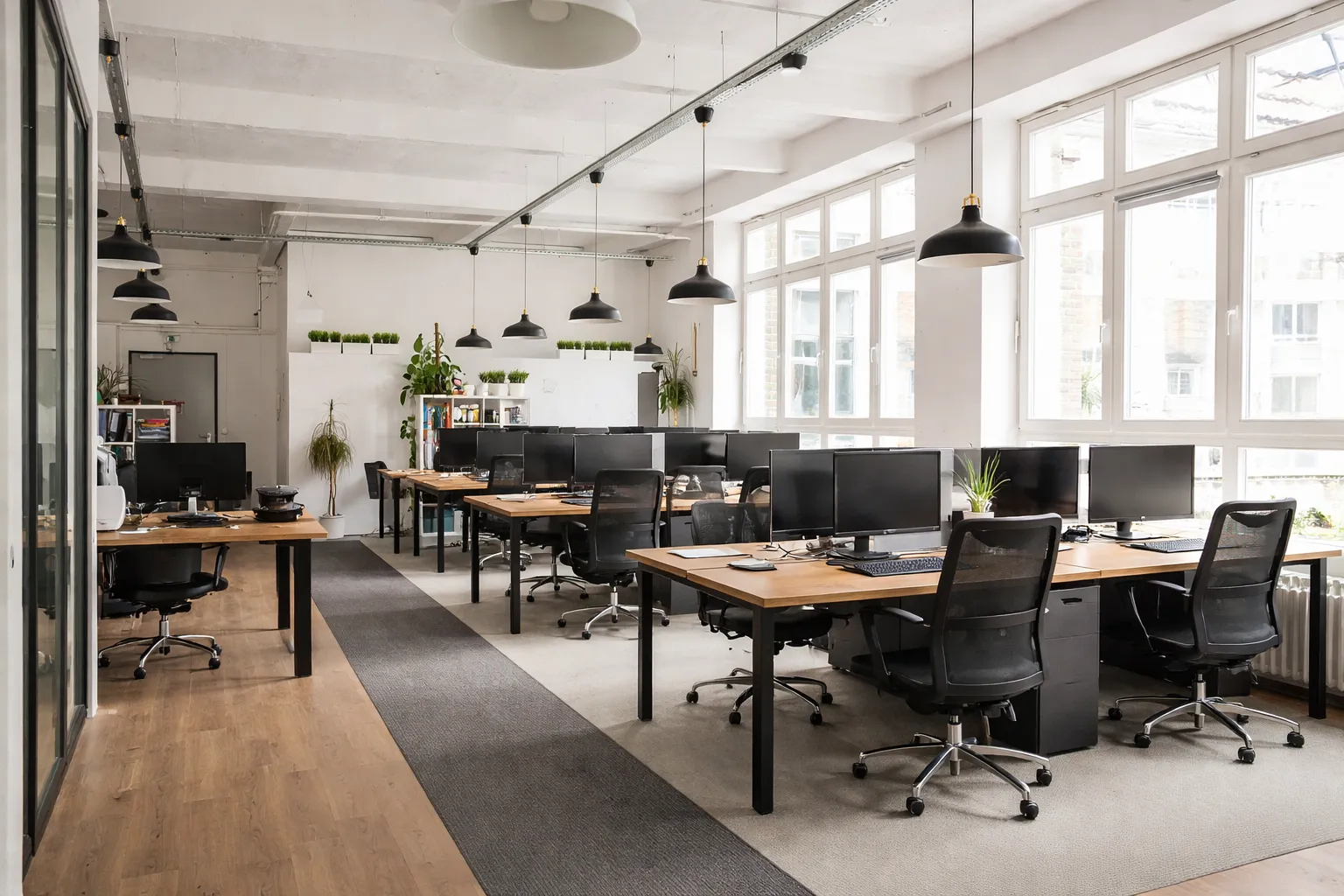 Oficina con cubiculos y estaciones de trabajo organizadas para equipo operativo